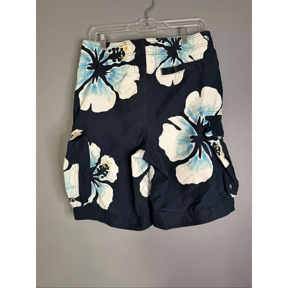 Hollister Navy Blue White Floral Cargo Swim Trunks Hawaiian Board Size 30